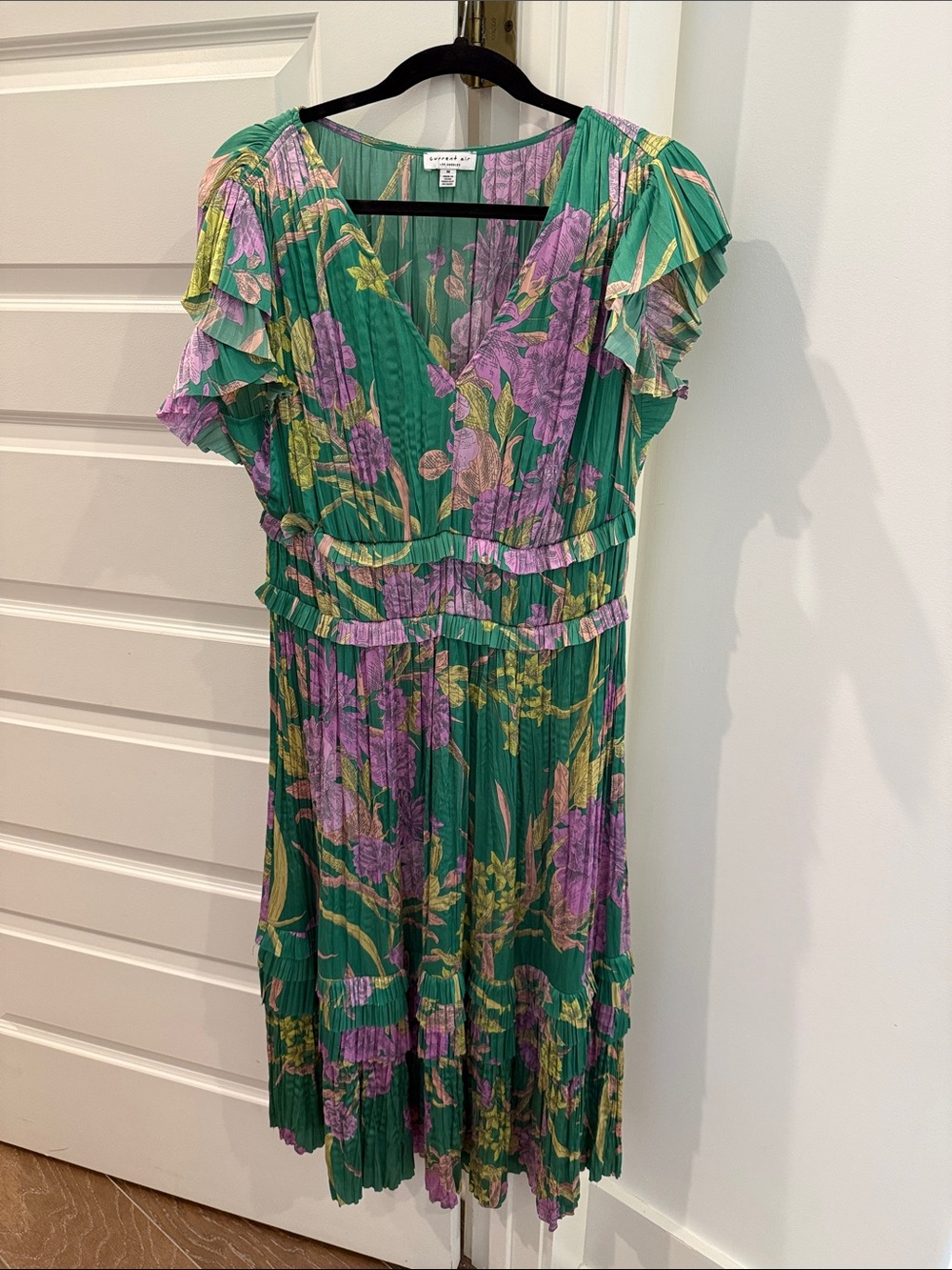 Current Air Green Floral Pleated Midi Dress with Lavender Blooms